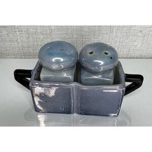 Handmade Blue And Black Mini Salt and Pepper Shakers With Holder